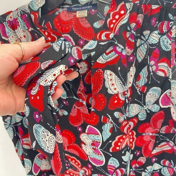 Tommy Hilfiger Womens Butterfly Blouse Top Sleeveless Tie Neck Red Black Small - Picture 6 of 9
